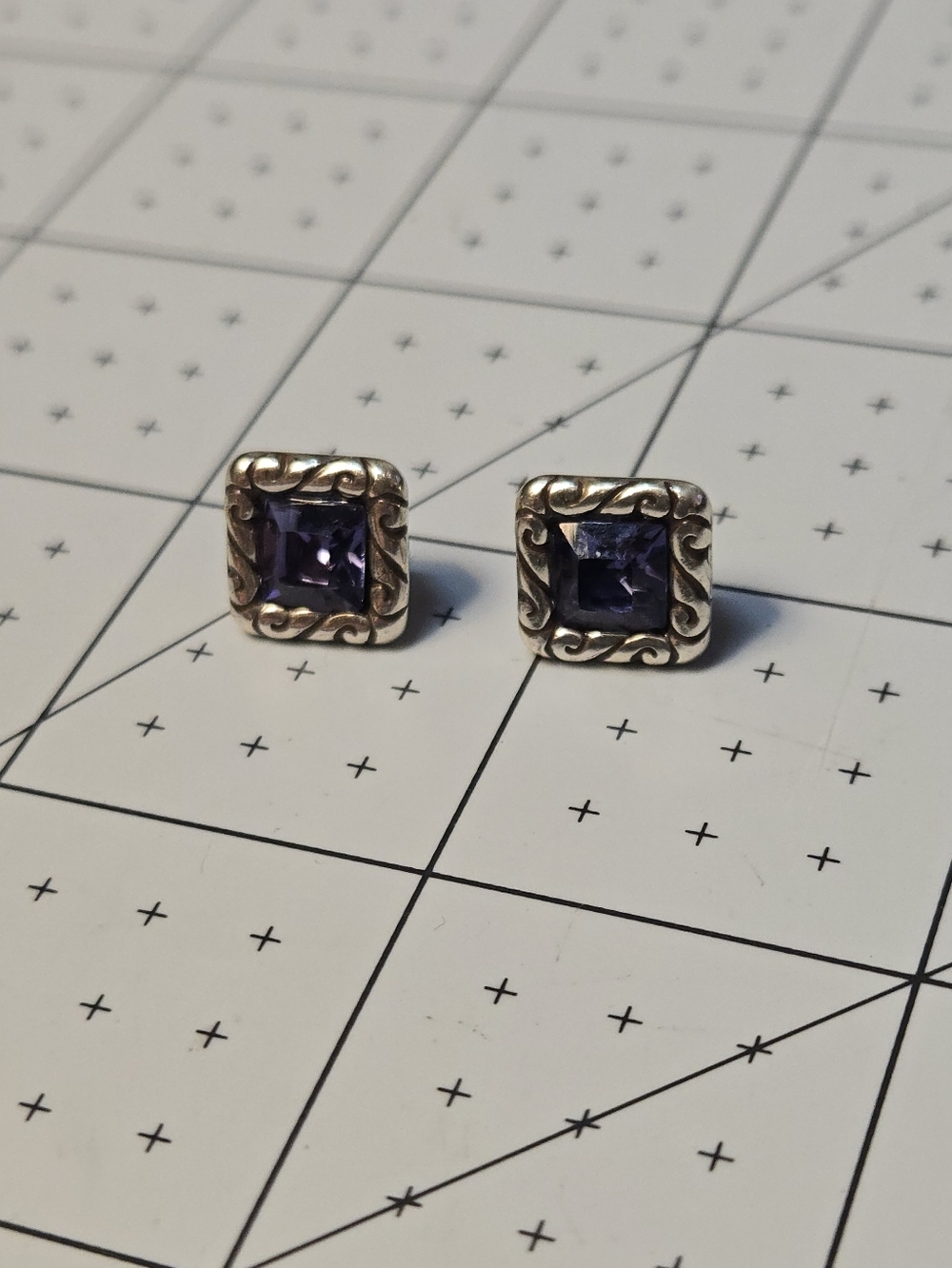 Vintage Style Amethyst Stud Earrings Silver Tone Square